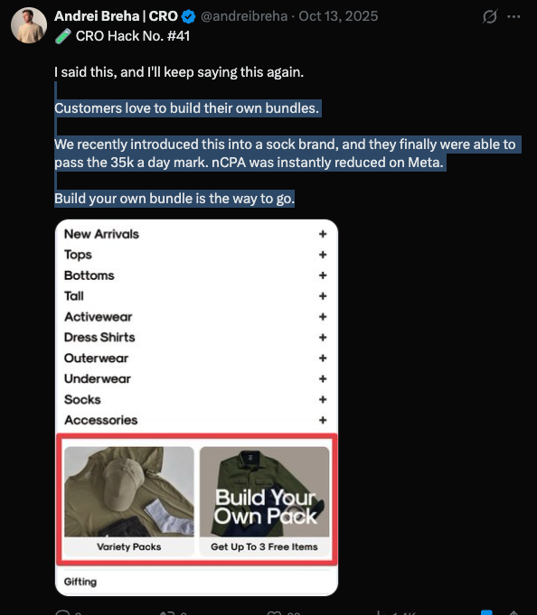 Andrei Breha, CRO Expert: Customers love to build their own bundles. We recently introduced this into a sock brand, and they finally were able to pass the 35k a day mark. nCPA was instantly reduced on Meta.